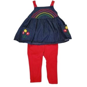 Colorful Denim Dress with Red Leggings